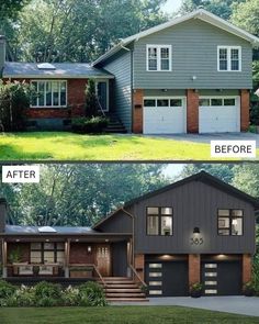 before and after pictures of a house in the suburbs, with two garages on each side