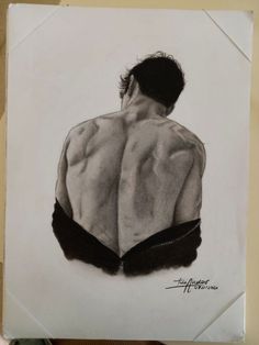 a drawing of a man's back in black and white