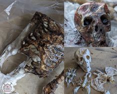 three different pictures of skulls and bones in plastic wrap on top of each other,