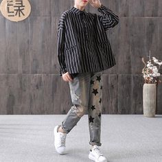 Item Code:2028395593790Item Type: ShirtMaterial: 98%Cotton,2%SpandexSeason: SpringStyle: CasualCollar: Polo NeckClosure Type: Single BreastedPattern Type: StripeDecoration: ButtonsClothing Placket: CardiganClothing Length: RegularSleeve Length: Long SleeveSleeve Style: RegularOne Size(fit for EU38-42,US8-12,UK12-16,AU12-16,NZ12-16)Length: 62.00 cm/ 24.41 "Bust: 134.00 cm/ 52.76 "Waist: 146.00 cm/ 57.48 "Hem: 158.00 cm/ 62.20 "Sleeve Length: 64.00 cm/ 25.20 "Cuff: 20.00 cm/ 7.87 "The model height:5'2"/160cm,weight:108lb/49kgbust:88cm,waist:66cm Casual Baggy Long Sleeve Blouse, Casual Striped Cotton Blouse, Casual Baggy Tops For Work, Baggy Long Sleeve Blouse For Spring, Boho Style Dresses, Urban Looks, Cardigan Outfits, Yoga Activewear, Retro Stripes