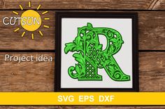 the letter r is made out of dollar bills on a wooden background with text that reads, project idea svg eps dxf