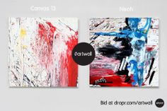 two paintings with different colors and sizes on them, one is red, the other is blue