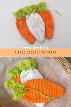 crocheted carrots with leaves on the top and bottom