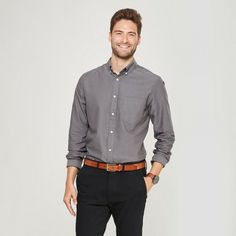 Template By Froo! Men Standard Fit Whittier Oxford Brushed Long Sleeve Collared Button-Down Shirt Fit & style  Model wears size medium and is 6'1.5"  Oxford button-down shirt is a classic closet staple Chest patch pocket and collar buttons add extra sophistication  100% cotton button down provides breathability and comfort Say hello to your new favorite shirt. Sharp and stylish, the Whittier Oxford Brushed Long-Sleeve Collared Button-Down Shirt from Goodfellow & Co™ is made of 100% cotton for br Fall Relaxed Fit Button-up Dress Shirt, Cotton Button-up Dress Shirt For Fall, Fall Cotton Button-up Dress Shirt, Fall Relax Fit Button-up Dress Shirt, Casual Slim Fit Button-up Shirt, Cotton Dress Shirt With Button Closure For Fall, Casual Slim Fit Collared Dress Shirt, Casual Cotton Button-up Dress Shirt, Gray Button-up Shirt For Business