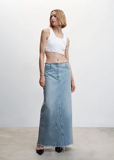 Denim Long Skirt, Collarless Denim Jacket, Long Denim Skirt, Collection Design, Paris Outfits, Long Skirts For Women, Circular Design, Floor Length Skirt, Denim Trends