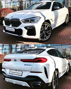 two pictures of a white bmw suv parked in front of a building