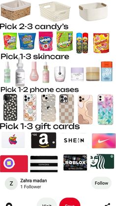 an image of the contents of a cell phone case with text below it that reads, pick 2 - 3 candy's pick 13 skincare pick 1 - 12 iphone cases pick one gift cards