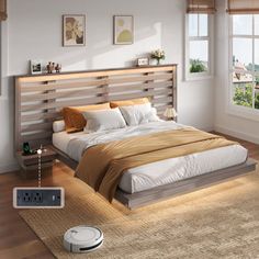 a bedroom with a bed, nightstands, and air purificater