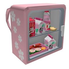 a pink toy refrigerator filled with food and drinks on display in front of a white background