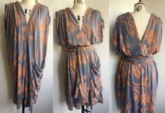 three pictures of dresses on mannequins, one with an orange and gray print