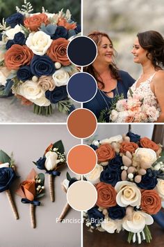 the bride and groom are posing with their wedding bouquets in blue, orange and white