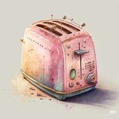 a pink toaster sitting on top of a table