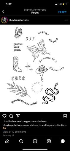 an image of some tattoos on the screen with words and symbols in black and white