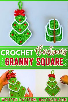 crochet christmas granny's square ornament pattern with text overlay