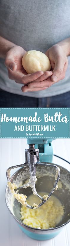 homemade butter and buttermilk is being made in a bowl with a hand mixer