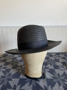 "Authentic Black Amish Straw Wide Brim Hat. Made in U.S.A. Center dent crown Fedora - Long Oval Park Plaza Hat - Superior Quality Amish Flicker-Braid From Indiana Amish community. Size 6 3/4 54 Inside headband measurement is 20 3/4\"." Vintage Curved Brim Hat For Travel, Vintage Flat Brim Fedora For Travel, Vintage Brimmed Fedora For Travel, Vintage Brimmed Travel Hat, Western Style Black Fedora For Travel, Vintage Wide Brim Travel Hat, Western Style Black Panama Hat With Curved Brim, Black Western Panama Hat With Curved Brim, Vintage Fedora Hats For Travel