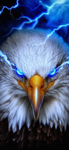 an eagle with blue eyes and lightning in the background