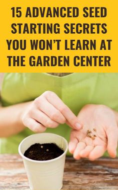 a person holding their hands over a cup with dirt in it and the words, 15 advanced seed starting secrets you won't learn at the garden center