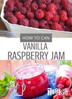 raspberry jam in a glass jar next to fresh raspberries