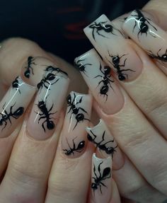 @/spicycownails on Instagram:) Nails With Ants, Ants Nail Art, Bug Nails Acrylic, Southern Gothic Nails, Nail Art Black Aesthetic, Goth Coffin Nails, Alt Nail Ideas, Crow Nails, Creative Nails Acrylic