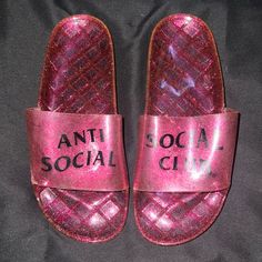 Brand New Anti-Social Social Club Pink Glitter Jelly Sandals Size 38 (7/7.5) Summer Party Slides With Flat Heel, Flat Heel Slides For Summer Parties, Summer Flat Heel Sandals For Streetwear, Flat Heel Sandals For Summer Streetwear, Casual Party Sandals With Translucent Outsole, Trendy Glitter Sandals With Round Toe, Trendy Glitter Open Toe Sandals, Trendy Open Toe Glitter Sandals, Glitter Jelly Sandals With Round Toe For Summer