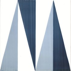 an abstract painting with blue and white stripes on it's sides, in the shape of three triangulars