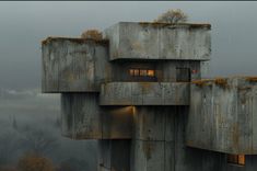 a concrete building with trees growing out of it's sides and lights on the windows