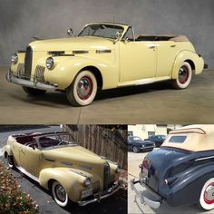 an old yellow car parked next to another classic car