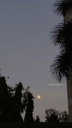 the moon is setting behind some trees