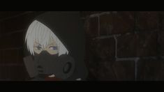 an anime character with white hair wearing a gas mask and looking at the camera while standing in front of a brick wall