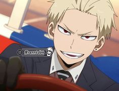 an anime character with blonde hair wearing a suit and tie, sitting behind a steering wheel