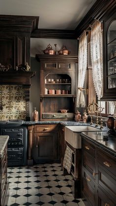 an old fashioned kitchen with black and white checkered flooring, wooden cabinets and open shelving