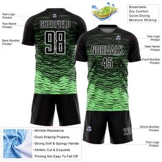 the front and back of a soccer uniform with information about each team's uniforms