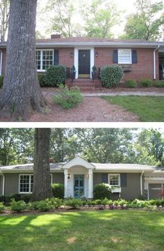 before and after pictures of a house in the front yard with grass, shrubs and trees