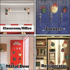 four pictures showing different types of lockers with christmas decorations on the front and back doors