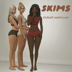 three women standing next to each other in swimsuits with the words skins on them