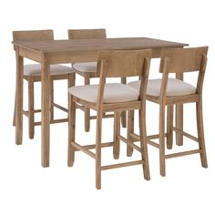 a wooden table and four chairs with white upholstered seat cushions on an isolated white background