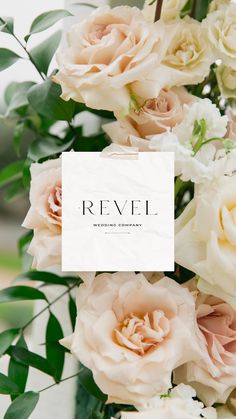 a bouquet of flowers with the words revel written in white on top of it