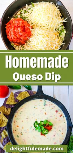 homemade quesadilla dip in a skillet with cheese and tortilla chips