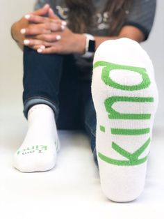 i am kind socks with positive message Green Words, Grey And Green, White Socks, Positive Quote, Athletic Socks, White Sock, Be Kind To Yourself, Change The World, Arch Support