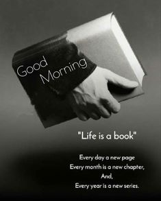 a person holding a book with the words good morning on it and an image of their hand