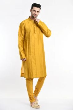 Shop for Samant Chauhan Yellow Cotton Silk Full Sleeve Embroidered Kurta Set for Men Online at Aza Fashions Fitted Kurta With Chikankari Embroidery And Stand Collar, Ceremonial Cotton Silk Kurta With Long Sleeves, Ceremonial Cotton Silk Fitted Kurta, Fitted Cotton Silk Kurta For Ceremonial Occasions, Ceremonial Long Sleeve Cotton Silk Kurta, Ceremonial Long-sleeve Cotton Silk Kurta, Traditional Kurta With Chikankari Embroidery And Stand Collar, Festive Fitted Kurta With Band Neckline, Traditional Kurta With Resham Embroidery And Stand Collar