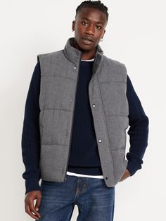 mock neck sleeveless snap front welt pockets relaxed fit hits at hip model is approx.  6'1" and wears size mmachine wash according to the care instruction label  . Best Holiday gift for Men , perfect Vests for Christmas! Male Puffer Vest Outfit, Grey Puffer Vest Men, Puffer Vest For Boys, Mens Puffer Vest Country, Man Vest, Men Fleece Vest Grey, Mens Puffer Vest, Puff Vest, Holiday Gifts For Men