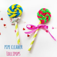 two lollipops are sitting next to each other on a white background with the words pipe cleaner lollipops