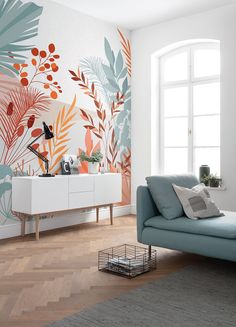 The revitalizing energy of a tropical summer radiates from this cheerful wall mural! Delicate foliage and lush palms are inked in shades of soft teal, orange, and red against a white and neutral color-blocked backdrop. Tropical Flora Wall Mural comes on 4 panels. Measures 6-ft 6-in wide by 8-ft 2-in tall when assembled. Komar Aspiring Colours Wall Mural in Orange | X4-1073 Mountains Photo, Living Room Murals, Wall Painting Decor, Wall Paint Designs, Ink Blue, Mural Wall Art, Wallpaper Bedroom, Room Wall Art, Photo Wallpaper