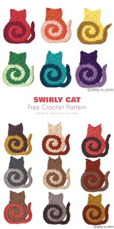 several crocheted cats with different colors and sizes on them, all in the same pattern