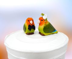 two colorful birds sitting on top of a cake