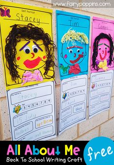 the back to school writing craft for kids is displayed on a brick wall with three children's faces