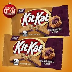 two boxes of kitkat peanut butter and jelly bars on an orange background with the words,