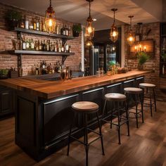 a bar with several stools in front of it